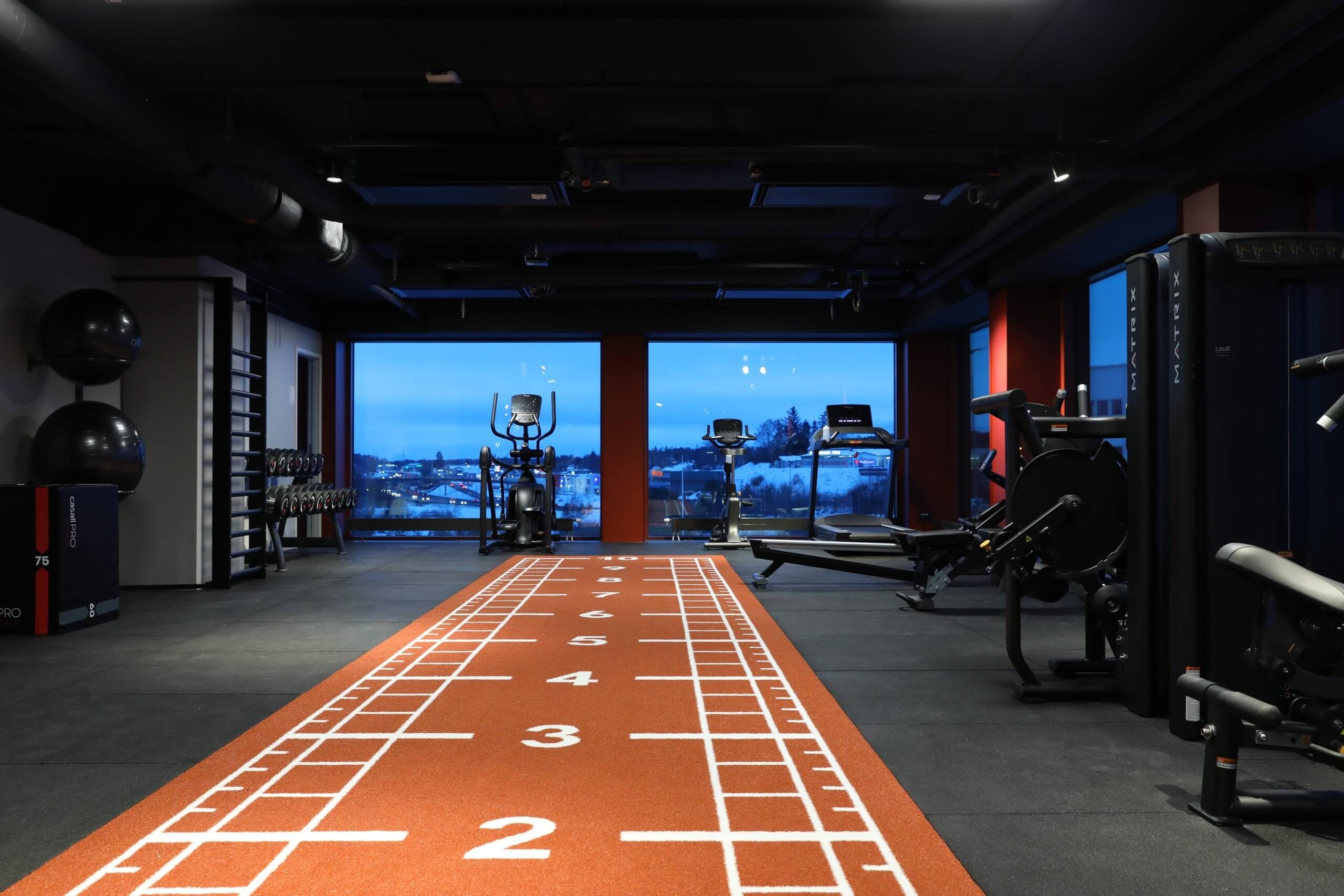 A gym with a treadmill and other equipment.